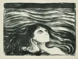Edvard Munch, På kjærlighetens bølger, Litografi trykket i svart på middels tynt gråhvitt kinapapir