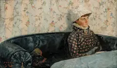Frits Thaulow, Ingeborg i sofaen, Sandø, 1882, Olje på mahogniplate