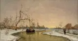 Frits Thaulow, Elvelandskap med pram og gående kvinne langs bredden, 1876, Olje på lerret