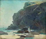 Marie Løkke, Strandparti med sittende kvinne, Olje på plate