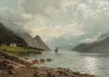 Anders Askevold, Fjordabåten kommer, Sørfjorden Hardanger, 1885, Olje på lerret