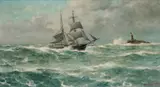 Lauritz Haaland, Seilskute ved en varde, 1927, Olje på lerret