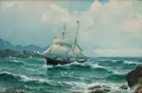 Lauritz Haaland, Seilskute i opprørt sjø mellom klipper, 1893, Olje på lerret