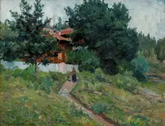 Gerhard Munthe, Kvinne og hund utenfor stakittgjerde, 1887, Olje på lerret