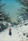 Lauritz Haaland, Kvinnelig skiløper i skjørt og vandrende mann med flosshatt, 1905, Olje på lerret