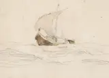 Gunnar Berg, Nordlandsjekt under seil, Blyant og akvarell på skissepapir