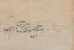 Gunnar Berg, Fiskevær i Lofoten med folkeliv, Blyant på skissepapir