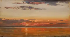 Solnedgang, Hvaler by Amaldus Nielsen, 1896, Olje på lerret, oppklebet på papp, sold Dec 2017