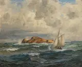 Thorolf Holmboe, Kystlandskap med losskøyte, Olje på lerret