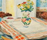 Arne Kavli, Oppstilling med blomster i mugge og kirsebær på stettfat, Olje på lerret