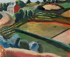Axel Revold, Åkerlandskap med hus, 1919, Olje på lerret