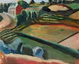 Axel Revold, Åkerlandskap med hus, 1919, Olje på lerret