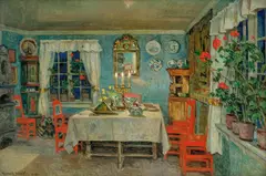 Gerhard Munthe, Interiør fra kunstnerens spisestue på Lagåsen, 1909, Olje på lerret