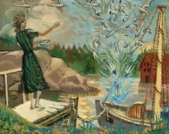 Per Krohg, Kvinne mater måker, 1956, Olje på lerret