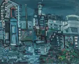Mannsfigur i bylandskap by Jakob Weidemann, Olje på plate, sold Nov 2017