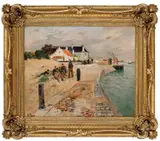 Fransk landsby med folkeliv by Frits Thaulow, Olje på lerret, sold Jun 2017