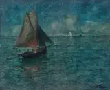 Seilbåt i kveldslys by Frits Thaulow, Olje på lerret, sold Jun 2017