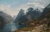 Anders Askevold, Fjordlandskap med folkeliv, dampbåten kommer, 1890, Olje på lerret