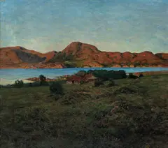 August Jacobsen, Kystlandskap med gårdsbruk, Olje på lerret