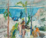 Sigurd Eriksen, Skjærgårdslandskap med figurer, 1964, Olje på lerret