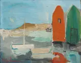 Skjærgårdslandskap med sjøboder by Jakob Weidemann, Olje på plate, sold Jun 2017