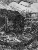 Nikolai Astrup, Ved naustveggen, Penn på tynt beige papir