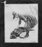 Jente klapper hund by Nikolai Astrup, Penn på tykt beige papir, sold Jun 2017