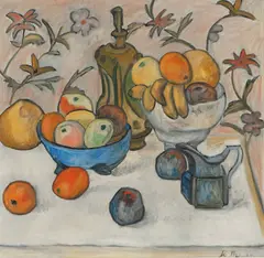 Rudolph Thygesen, Oppstilling med krukker, karaffel og frukt, 1924, Olje på lerret