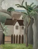 Ragnhild Keyser, Sydlandsk landskap med hus, Olje på lerret