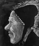 Nikolai Astrup, Gammel Jølsterjente, Tresnitt trykket i svart på tynt hvitt papir