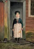 Joachim Frich, Liten pike i folkedrakt, Olje på papir, oppklebet på tykk papp