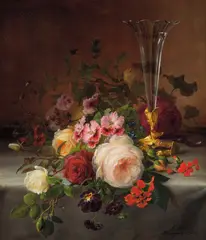 Frants Diderik Bøe, Oppstilling med vase og blomster, 1874, Olje på lerret