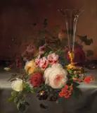 Frants Diderik Bøe, Oppstilling med vase og blomster, 1874, Olje på lerret