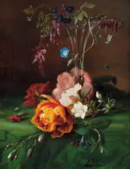Frants Diderik Bøe, Oppstilling med vase og blomster, 1856, Olje på lerret