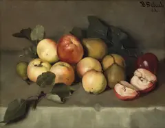 Benedicte Scheel, Oppstilling med epler og pærer, 1882, Olje på lerret