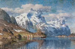 Adelsteen Normann, Fiskevær i Lofoten med folkeliv og dampbåt, Olje på lerret