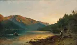 Anders Askevold, Fjordlandskap med folkeliv, 1879, Olje på lerret