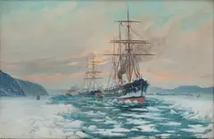 Martin Aagaard, D/S "Norge" i innseilingen til Kristiania, vinter, Olje på lerret