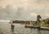 Johannes Grimelund, Kystlandskap med folkeliv, 1876, Olje på lerret