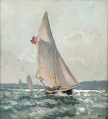 Seilbåter i frisk bris by Frits Thaulow, 1886, Olje på plate, sold Nov 2016