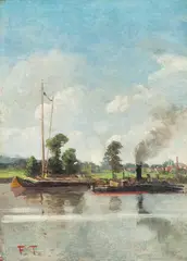 Elvebåter by Frits Thaulow, Olje på plate, sold Nov 2016