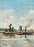 Elvebåter by Frits Thaulow, Olje på plate, sold Nov 2016