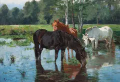 Elisabeth Sinding, Hvassende hester, 1891, Olje på lerret