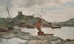 Hans Gude, Tarbert slott Skottland, Penn og akvarell på papir, oppklebet på papp,