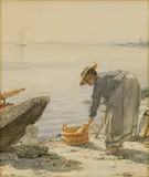 Hans Gude, Kvinne og barn på strand
