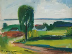 Hans Haakø, Fjordlandskap med tre, 1944, Olje på lerret oppklebet på plate
