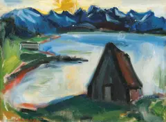 Hans Haakø, Fjordlandskap med hus, Olje på lerret