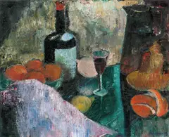 Bernt Clüver, Oppstilling med flaske, glass, mugge og frukt, 1919, Olje på lerret
