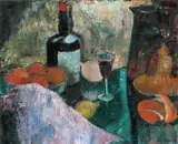Bernt Clüver, Oppstilling med flaske, glass, mugge og frukt, 1919, Olje på lerret
