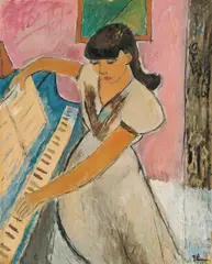 Johannes Rian, Pike ved piano, 1949, Olje på papir, oppklebet på plate